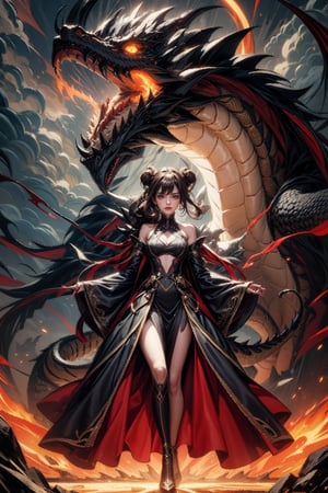 Create a highly detailed digital illustration of a powerful and commanding woman standing before a large, fierce dragon. The woman is dressed in an elegant, **long purple dress** with intricate **gold accents** along the edges and embroidered into the fabric, creating a sense of luxury and regality. Her **long dark hair** is neatly tied up in a sophisticated bun, with a few loose strands framing her face, adding to her fierce yet graceful demeanor. She holds a **sharp, gleaming sword** in her right hand, the blade shining against the dark surroundings, and her left hand rests confidently on her hip, displaying her authority and control.

Behind her is an enormous **golden dragon**, its scales glistening in the flickering light of the scene. The dragon has a **fierce expression**, with piercing eyes and **sharp, jagged teeth**, ready to strike at any moment. Its large body coils around the scene, and the tension in its stance reflects its readiness for action. The dragon’s presence amplifies the woman’s sense of power, with the two of them appearing as a formidable duo.

The **background** is dark and stormy, with rolling clouds that seem to pulse with energy. **Orange and yellow flames** lick the air, swirling around the woman and the dragon, and **smoke** rises, creating an intense and dramatic atmosphere. The combination of the stormy sky and the flames illuminates the scene, casting **dynamic lighting and shadows** that emphasize the strength and intensity of both the woman and the dragon. The overall mood is one of undeniable power and strength, as they stand together, unyielding in the face of danger.