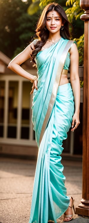 Best quality, masterpiece, ultra high res, (photorealistic:1.3), raw photo, 1girl, using saree,,glowing skin, confident smile,full body, using kurti