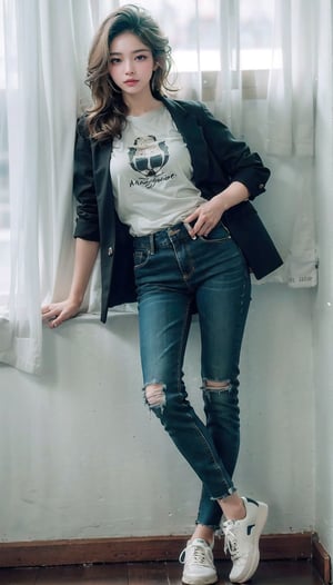 (((masterpiece))), top quality, (beautiful and delicate girl), beautiful and delicate light, (beautiful and delicate eyes), mysterious smile, (brown eyes), (dark black long hair), medium breasts, female 1 , frontal shot , Korean, soft expression, tall, jacket, patterned t-shirt, half jeans, sneakers,