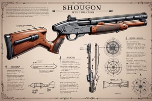 board with a detailed assembly instruction of a shotgun, written descriptions, arrows and sketches