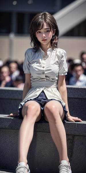 17yo little Japanese girl,1girl, slim figure ,brown blonde hair, short straight hair, tossing hair ,( Hair floating in the air) ,Japanese schools uniform ,sneakers, hot body, sit on the steps ,sitting on stairs ,outside,outdoor,Japanese old stree, Showing thighs, falling_snow ,(snowing), accessories(necklace,ear_rings), Best Quality, 32k,colorful,photorealistic, ultra-detailed, finely detailed, high resolution, perfect dynamic composition, beautiful detailed eyes, sharp-focus, cowboy_shot, Beautiful face, 8K, HDR, masterpiece, hyper-realistic, a little lolicon tween girl with a hot body, sensual, seductive, bright background,petite,cute, lolicon.Erotic images by David Dubnitskiy,micro miniskirt,Tomboy,short hair,more detail ,cute_girl,1 girl ,school uniform,tight mini skirt,pornstar,best quality