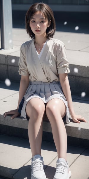 17yo little Japanese girl,1girl, slim figure ,brown blonde hair, short straight hair, tossing hair ,( Hair floating in the air) ,Japanese schools uniform ,sneakers, hot body, sit on the steps ,sitting on stairs ,outside,outdoor,Japanese old stree, Showing thighs, falling_snow ,(snowing), accessories(necklace,ear_rings), Best Quality, 32k,colorful,photorealistic, ultra-detailed, finely detailed, high resolution, perfect dynamic composition, beautiful detailed eyes, sharp-focus, cowboy_shot, Beautiful face, 8K, HDR, masterpiece, hyper-realistic, a little lolicon tween girl with a hot body, sensual, seductive, petite,cute, lolicon.Erotic images by David Dubnitskiy,micro miniskirt,Tomboy,short hair,more detail ,cute_girl,1 girl ,school uniform, CNHS,komichi akebi,jal uniform,Minato Aqua