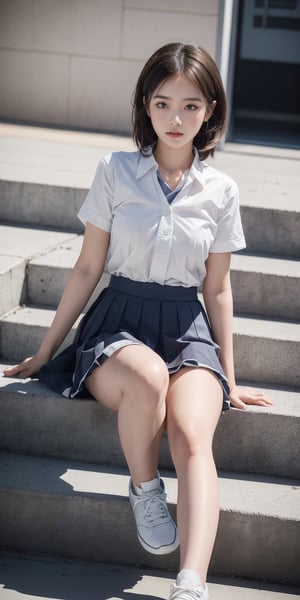 17yo little Japanese girl,1girl, slim figure ,brown blonde hair, short straight hair, tossing hair ,( Hair floating in the air) ,Japanese schools uniform ,sneakers, hot body, sit on the steps ,sitting on stairs ,outside,outdoor,Japanese old stree, Showing thighs, falling_snow ,(snowing), accessories(necklace,ear_rings), Best Quality, 32k,colorful,photorealistic, ultra-detailed, finely detailed, high resolution, perfect dynamic composition, beautiful detailed eyes, sharp-focus, cowboy_shot, Beautiful face, 8K, HDR, masterpiece, hyper-realistic, a little lolicon tween girl with a hot body, sensual, seductive, petite,cute, lolicon.Erotic images by David Dubnitskiy,micro miniskirt,Tomboy,short hair,more detail ,cute_girl,1 girl ,school uniform, CNHS,komichi akebi,jal uniform,Minato Aqua,Secretary_uniform
