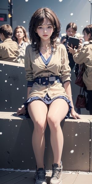 17yo little Japanese girl,1girl, slim figure ,brown blonde hair, short straight hair, tossing hair ,( Hair floating in the air) ,Japanese schools uniform ,sneakers, hot body, sit on the steps ,sitting on stairs ,outside,outdoor,Japanese old stree, Showing thighs, falling_snow ,(snowing), accessories(necklace,ear_rings), Best Quality, 32k,colorful,photorealistic, ultra-detailed, finely detailed, high resolution, perfect dynamic composition, beautiful detailed eyes, sharp-focus, cowboy_shot, Beautiful face, 8K, HDR, masterpiece, hyper-realistic, a little lolicon tween girl with a hot body, sensual, seductive, bright background,petite,cute, lolicon.Erotic images by David Dubnitskiy,micro miniskirt,Tomboy,short hair,more detail ,cute_girl,1 girl ,school uniform,tight mini skirt,pornstar,best quality,cardigan