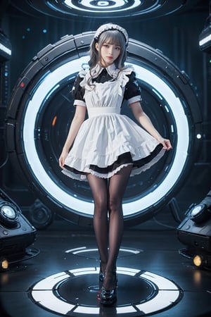 Best quality, high resolution, 8k, photorealistic, sharp focus, realistic image of elegant white haired lady, blue eyes, the lady wearing white future armor, shiny skin, ice theme, Blury_light_background, EpicSky, 1 girl,Mecha Anime Figurine,girl,putting_on_shoes,sailor_girls,maid attire,black pantyhose,high heels