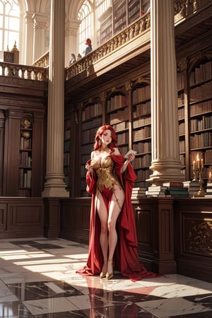 "A powerful sorceress in a grand library, with vibrant red hair flowing loosely cascading over her shoulders. She is dressed in an elegant flowing robe with intricate gold detailing, reflecting a Greco-Roman aesthetic. The library is filled with ancient books and scrolls, with tall marble columns and large windows that allow soft light to stream in, creating a warm atmosphere.