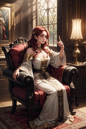 "A powerful sorceress with vibrant, flowing red hair that cascades down her shoulders, seated gracefully in a plush, ornate armchair. She is dressed in an elegant, flowing robe with intricate gold detailing, reflecting a Greco-Roman aesthetic. The room around her is warmly lit, adorned with rich tapestries and mystical artifacts that hint at her magical prowess. Her expression is focused and contemplative as she gestures with one hand, weaving a spell in the air. Glowing orbs of light hover nearby, casting a soft glow that adds to the enchanting atmosphere of the scene."