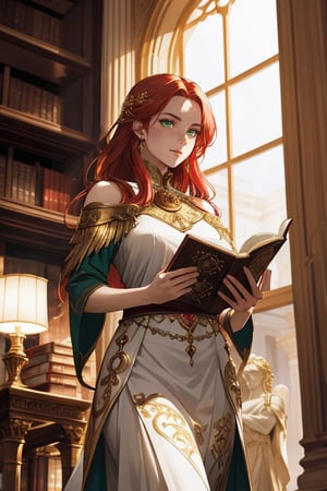 A powerful sorceress with fiery red hair stands gracefully in the center of an ancient Greco-Roman style library. Her long, flowing hair, reminiscent of flames, cascades over her shoulders, glowing softly in the warm light filtering through tall arched windows. She wears a flowing white and gold toga adorned with intricate golden embroidery, symbolizing both elegance and magical authority. The library around her is filled with towering marble columns, ornate stone carvings, and shelves lined with ancient scrolls and thick leather-bound books. In her hand, she holds a glowing tome, with magical runes subtly floating around her, hinting at her mastery of the arcane. Her piercing green eyes reflect wisdom as she studies the arcane symbols, the soft hum of magic in the air. Marble busts of philosophers and sorcerers from ancient times watch over the scene, while chandeliers above bathe the room in a soft, golden light