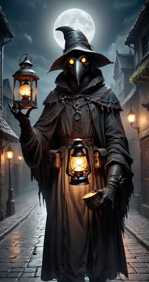 black Plague Doctor,
in dark medieval street, creepy atmosphere, dark moon night, holding lantern and potion,

hype realistic cover photo awesome full color, Cinematic, (hyper detail), perfect anatomy,
,more detail XL, (Unparalleled Masterpiece),(Ultra High Definition),(Ultra-Realistic 8k CG),