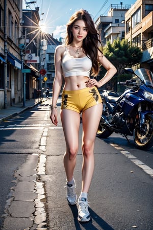 (full body shot:1.2), a 18 yo girl model in a white top and bottomless , (happy dancing next to a yamaha bike with a yellow thong), white sneakers, 1girl smile, bracelet, brown_hair, jewelry, letterboxed, lips, long_hair, makeup, medium_breasts, midriff, nail_polish, navel, necklace, nose, orange_sky, pink_shorts, realistic, shorts, solo, sun, sunset, tattoo,wristband, yellow_background, yellow_sky, beautiful detailed glow, detailed, Cinematic light, intricate detail, highres, detailed facial features, high detail, sharp focus, smooth, aesthetic, extremely detailed, stamp, octane render,colorful_girl_v2.