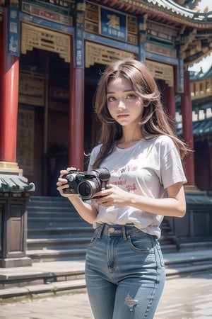 A beautiful girl with long  brown hair and brown eyes, wearing casual jeans and a white T-shirt, holding a camera, wandered around the Chinese palace, capturing the beauty and sacredness of ancient buildings.