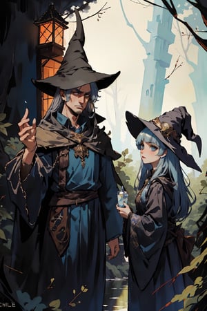 Create an image of two fantasy wizards in a forest setting. The wizards should be wearing long robes and pointy hats. Their robes should be adorned with intricate patterns and symbols, reflecting their magical abilities. The wizards should be standing in front of a rustic forest cabin made of wood. The cabin should have a mysterious and enchanting vibe, with details such as creeping vines, a thatched roof, and a welcoming glow emanating from its windows.

Please focus on capturing the facial expressions and unique features of the wizards. One wizard, named AB, should have a serious and determined expression, while the other, named CD, should have a mischievous and playful expression. Their faces should display the wisdom and power associated with experienced wizards.

 cowboy_shot, face, nodf_lora