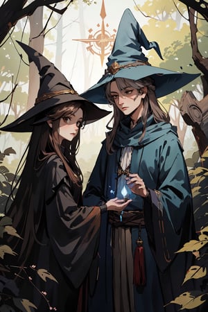 Create an image of two fantasy wizards in a forest setting. The wizards should be wearing long robes and pointy hats. Their robes should be adorned with intricate patterns and symbols, reflecting their magical abilities. The wizards should be standing in front of a rustic forest cabin made of wood. The cabin should have a mysterious and enchanting vibe, with details such as creeping vines, a thatched roof, and a welcoming glow emanating from its windows.

Please focus on capturing the facial expressions and unique features of the wizards. One wizard, named AB, should have a neutral expression, with long black hair, while the other, named CD, should have a happy and playful expression, having brown long hair. Their faces should display the wisdom and power associated with experienced wizards.

 cowboy_shot, face, nodf_lora