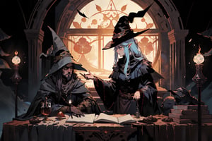 Two wizards in an alchemy lab the predominant color of the image is black with dark and dimmed tones. 

The first wizard is a gentle looking man, broad shoulders with long dark hair and no beard. He should be wearing a flowing robe and a pointy hat, both adorned with intricate patterns and symbols. The man wizard should have a wise and serene expression on his face, reflecting his deep knowledge of magic while he is brewing a potion in a brewing table.

The second wizard is a girl with long black hair tied in a ponytail. She should also be wearing a robe and a pointy hat, but with a slightly different design from the man wizard. Her robe and hat should have a touch of playfulness and uniqueness. The girl wizard should have a determined and focused expression, showcasing her determination and skill in using magic.

The lab should be dark and mysterious in a dark night, with towering columns and a window showing the dim monlight. The lab floor should be covered in magical plants, glowing mushrooms, and vibrant flowers that emit a soft, ethereal light. The atmosphere should be filled with a sense of wonder and enchantment.

Please use your creativity and imagination to bring this dark fantasy wizard lab and the two wizards to life. Feel free to incorporate any additional elements or details that you think would enhance the overall magical ambiance of the scene, cowboy_shot