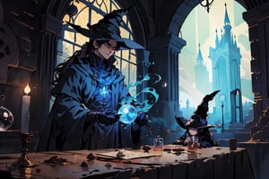 Two wizards in an alchemy lab the predominant color of the image is black with dark blue lights and dimmed tones. 

The first wizard is a gentle looking man, broad shoulders with long dark hair a clean shave. He should be wearing a flowing robe and a pointy hat, both adorned with intricate patterns and symbols. The man wizard should have a wise and happy expression on his face, reflecting his deep knowledge of magic while he is brewing a potion in a brewing table with a smile.

The second wizard is a girl with long black hair tied in a ponytail. She should also be wearing a robe and a pointy hat, but with a slightly different design from the man wizard. Her robe and hat should have a touch of playfulness and uniqueness. The girl wizard should have a determined and focused expression, showcasing her determination and skill in using magic.

The lab should be dark and mysterious in a dark night, with towering columns and a window showing the blue moonlight. The lab floor should be covered in magical plants, glowing mushrooms, and vibrant flowers that emit a soft, ethereal light. The atmosphere should be filled with a sense of wonder and enchantment.

Please use your creativity and imagination to bring this dark fantasy wizard lab and the two wizards to life. Feel free to incorporate any additional elements or details that you think would enhance the overall magical ambiance of the scene, cowboy_shot