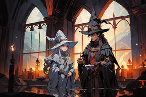 Two wizards in an alchemy lab the predominant color of the image is black with dark and dimmed tones. 

The first wizard is a gentle looking man, broad shoulders with long dark hair a clean shave. He should be wearing a flowing robe and a pointy hat, both adorned with intricate patterns and symbols. The man wizard should have a wise and happy expression on his face, reflecting his deep knowledge of magic while he is brewing a potion in a brewing table with a smile.

The second wizard is a girl with long dark hair tied in a ponytail. She should also be wearing a robe and a pointy hat, but with a slightly different design from the man wizard. Her robe and hat should have a touch of playfulness and uniqueness. The girl wizard should have a determined and focused expression, showcasing her determination and skill in using magic.

The lab should be dark and mysterious in a dark night, with towering columns and a window showing the dim monlight. The lab floor should be covered in magical plants, glowing mushrooms, and vibrant flowers that emit a soft, ethereal light. The atmosphere should be filled with a sense of wonder and enchantment.

Please use your creativity and imagination to bring this dark fantasy wizard lab and the two wizards to life. Feel free to incorporate any additional elements or details that you think would enhance the overall magical ambiance of the scene, cowboy_shot