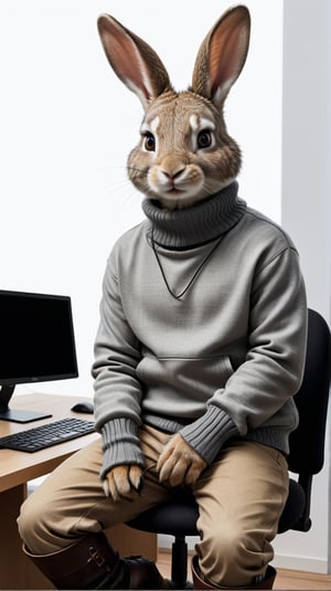 A rabbit wearing a gray turtleneck sweater and Martins, a slim fitting cotton jacket and Martin boots, sitting in front of a computer for work, 16k, panoramic view