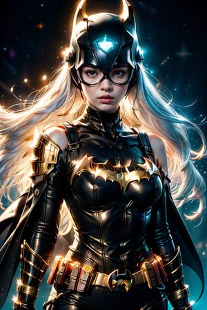 (perfect prompt word,exquisite texture in every detailfinely detailed,highres 32k wallpaper,(HDR:1.4),(Vivid Color:1.4),ultra highres,masterpiece,ultra realistic，The atmosphere is captured in high grain, reminiscent of ISO 800 film with wide angle.real girls, photorealistic，REALISM)，
((Batgirl suit)),
((covered nipples)),
curvy,
dou,
full armor,
glowing halo,
humanoid robot,
kabuto (helmet),
kusazuri,
looking at viewer,
solo,
split theme,
suneate,
((white and black armor),(shoulder armor),(pauldrons),(japanese armor)),
((white eyes),(glowing eyes)),
((white hair),(very long hair),(floating hair)),