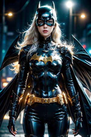 (perfect prompt word,exquisite texture in every detailfinely detailed,highres 32k wallpaper,(HDR:1.4),(Vivid Color:1.4),ultra highres,masterpiece,ultra realistic，The atmosphere is captured in high grain, reminiscent of ISO 800 film with wide angle.real girls, photorealistic，REALISM)，
((Batgirl suit)),
dou,
full armor,
glowing halo,
humanoid robot,
kabuto (helmet),
kusazuri,
looking at viewer,
solo,
split theme,
suneate,
((white and black armor),(shoulder armor),(pauldrons),(japanese armor)),
((white eyes),(glowing eyes)),
((white hair),(very long hair),(floating hair)),