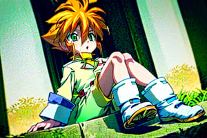 yutendo, 1boy, solo, Sexo, 1Horse, Polla, yellow shirt, white tunic, green eyes, orange hair, fluffy hair, pale skin, white shorts (knee-length), lapels with lime green markings, white boots, SEXO SEXO ANIMAL,