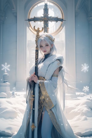 Illustrate a girl with the power of ice, featuring ice-white hair and clothing,  (The priest's costume is all white with gold trim, Sleeveless, short hem, exposing arms and thighs), (Holding an intricately carved crystal staff), set in a snowy landscape. Emphasize (((intricate details))), (((highest quality))), (((extreme detail quality))), and a (((captivating winter composition))). Use a palette of cool blues and whites, drawing inspiration from artists like Artgerm, Sakimichan, and Stanley Lau. midjourney, ((dynamic photography)),More Detail,Realism,chinatsumura