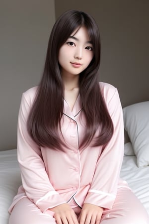 Japanese girl with long hair and a sexy plump body wearing light pink pajamas.