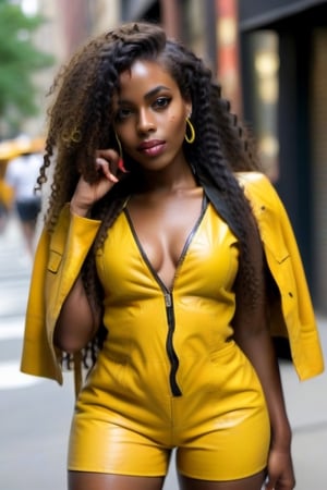African woman with long curly hair and a sexy figure wearing a yellow leather dress with a heart pattern, cropped waist, black leather shorts, and black boots walking on the street in New York area.
