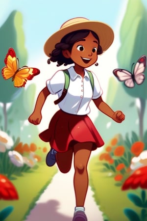 Cartoon style of a girl with short braided hair, wearing a hat, wearing a white shirt and a short red skirt, is happily running around catching butterflies in a flower garden.