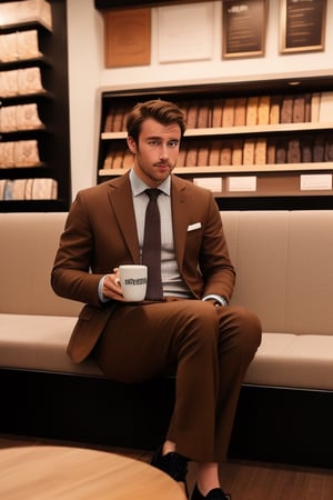 A foreign man with brown hair and a slight beard, handsome looking, wearing a brown suit, brown trousers, and black moccasins, was sitting and sipping coffee at a shop.