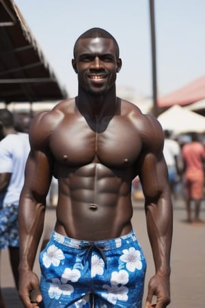 A dark-skinned African man with a muscular body and clearly defined abs wears no shirt, just blue floral shorts and sandals, taking pictures at the market.