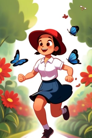 Cartoon style of a girl with short braided hair, wearing a hat, wearing a white shirt and a short red skirt, is happily running around catching butterflies in a flower garden.