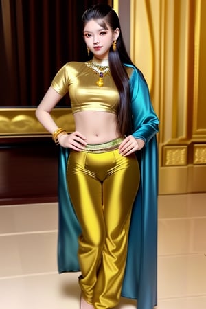 A good-looking Thai woman with her long hair pulled back and wearing gold jewelry. Tall and slender, with a good figure, she wears a shirt made of brightly colored silk, paired with long pants also made from silk.