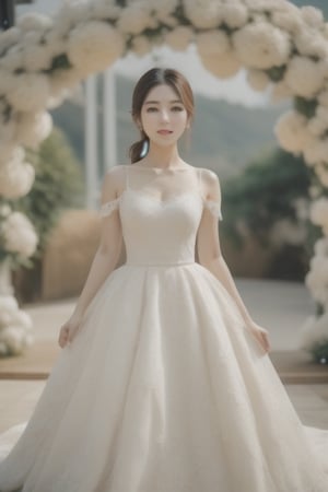 A pretty Korean bride with her hair pulled back and wearing a cream colored wedding dress with a lace pattern. Take a photo at the flower arch