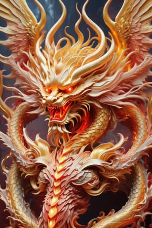 create fallen archangel,detailed angel wins, bloodlust, red glowy eyes, eerie, creepy, nightmarish, very bright colors, light particles, wallpaper art, cosmic energy,high detailed,dragon chinese,golden dragon