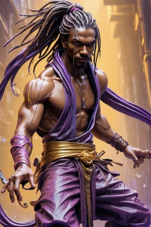 illustration, paint on old parchment paper, man ninja, (((stunningly handsome african man))), long black and white dreadlocks. 25 years old. Eyes, purple_eyes, serious and caring face, cute. Perfect lips, in the rain, wet skin. sword, xxmix_man, detailed eyes, handsome face, wide nose, slim eyes, very muscular body, toned body, nice legs, toned legs, full body, cinematic lighting from behind, purple neon dust, purple neon glow, black ninja clothes with blue accent. futuristic hi-tech outfit, long purple neck scarf, dynamic pose, action, from below,ink scenery, black and purple colors only, pen and brush stroke, action_lines, motion_lines,dragon chinese,golden dragon