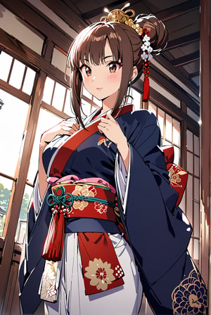 1girl, solo,,Giboshi Matoi(Kochikame)
brown hair, long hair, hair_bun,
brown Eyes,
medium_breasts, narrow_waist, buttock,


geisha, oiran,

japanese clothes, kimono, 
long sleeves, wide sleeves,
kimono_skirt,
hairpin,hair beads,

make up,lipstick,rouge,blush,
Edo(Japanese period),

kimono,indoor,
scenery,

happy,

Masterpiece, 4K, ultra detailed,
anime style, 
more detail XL, SFW, 
depth of field,