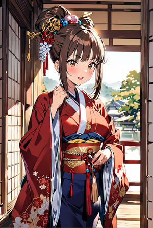 1girl, solo,,Giboshi Matoi(Kochikame)
brown hair, long hair, hair_bun,
brown Eyes,
medium_breasts, narrow_waist, buttock,


geisha, oiran,

japanese clothes, kimono, 
long sleeves, wide sleeves,
kimono_skirt,
hairpin,hair beads,

make up,lipstick,rouge,blush,
Edo(Japanese period),

kimono,indoor,
scenery,

happy,

Masterpiece, 4K, ultra detailed,
anime style, 
more detail XL, SFW, 
depth of field,