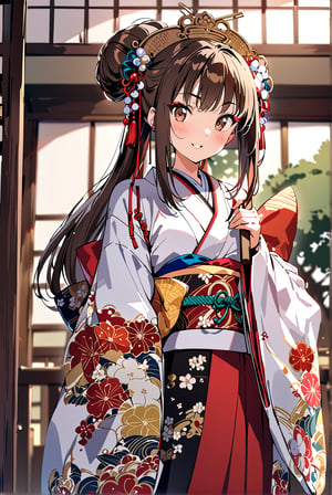 1girl, solo,,Giboshi Matoi(Kochikame)
brown hair, long hair, hair_bun,
brown Eyes,
medium_breasts, narrow_waist, buttock,


geisha, oiran,

japanese clothes, kimono, 
long sleeves, wide sleeves,
kimono_skirt,
hairpin,hair beads,

make up,lipstick,rouge,blush,
Edo(Japanese period),

kimono,indoor,
scenery,

happy,

Masterpiece, 4K, ultra detailed,
anime style, 
more detail XL, SFW, 
depth of field,