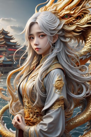 ((masterpiece)), ((best quality)), ((illustration)), extremely detailed,style girl, long shot, small breast,light grey very_long_hair, scifi hair ornaments, beautiful detailed deep eyes, beautiful detailed sky, beautifuldetailed water, cinematic lighting,dragon chinese,golden dragon