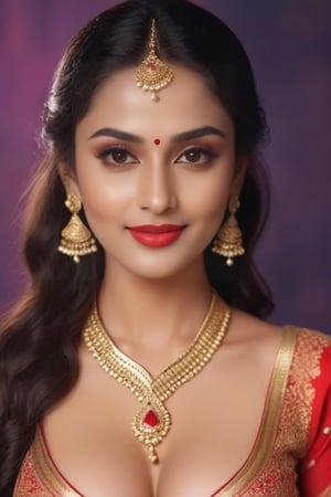 wet red lips, beautiful, good jawline, curvy figure, sexy golden blouse,  sexy cleavage, deep neck,  bridal makeup, 24 years young, glowing face, bindi on forehead, princess, slim nose,  full body, nose ring, big boobs, sanskari girl, 
