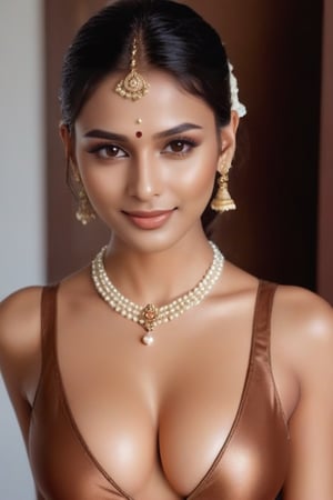 wet brown lips, beautiful face, pearl, good jawline, curvy figure,  brown shirt, sexy cleavage, deep neck, chocolate on boobs, bridal makeup, 24 years young,  glowing face, bindi, princess, slim nose,  full body, nose ring,  