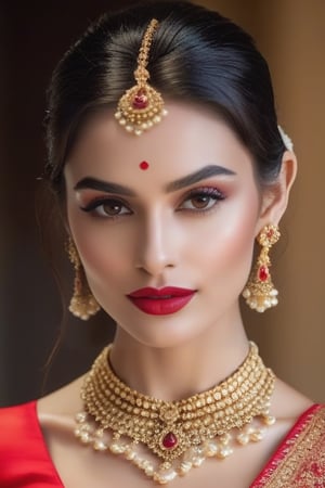wet red lips, beautiful, good jawline, curvy figure, sexy red blouse,  sexy cleavage, deep neck,  bridal makeup, 24 years young, glowing face, princess, slim nose,  full body, nose ring, big boobs, erotic moaning, jewellery 