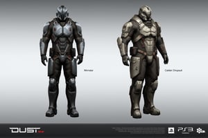 FuturisticWarrior style,, The image is a digital illustration of a futuristic (((minmatar dropsuit))) on the right and (((caldari dropsuit))) on the left. The word "DUST514" is written in bold white letters at the bottom of the illustration.