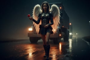 The image features a woman with angel wings, dressed in a warrior costume, walking down a rain-soaked street at night. She is carrying a glowing rose, which is prominently displayed in her hand. In the background, there is a large truck, possibly a semi, partially visible on the road. The combination of the angel wings, warrior attire, and the truck in the background creates a unique and intriguing scene. 8k uhd, dslr, raw, hdr,IllustratorFlux  style