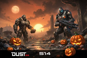 FuturisticWarrior style,, The image is a digital illustration of a futuristic minmatar HAV on the left and demolish building on the right. The word "DUST514" is written in bold white letters at the bottom of the illustration. pumpkin as sun