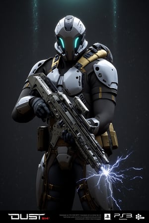 FuturisticWarrior style,,This image portrays gallente haevy, heavily armored in a high-tech, metallic exosuit. The armor is more bulky and robust, with intricate layers of plating in a silver and gray color scheme, accented by glowing blue lines that give the suit a powerful, advanced look. The soldier's helmet is large and features a visor, adding to their intimidating presence. They are wielding a rifle, with visible energy crackling near its muzzle, indicating it may be some kind of advanced energy. The overall scene is dark and gritty, with the background mostly obscured, adding a mysterious atmosphere. The gallente haevy's stance is firm, with both hands gripping the weapon as if preparing for combat. The "DUST 514" and PlayStation 3 logos at the bottom suggest this is part of a promotional image for the game.