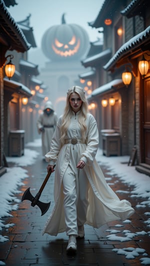 extreme close-up of Snow-kissed beauty strides forward, gaze locked on the viewer as she glances over her shoulder. Framed by a warm glow from nearby lanterns, her porcelain complexion and rosy cheeks radiate amidst the winter wonderland's serene silence. In the background, a white--robed scholar navigates the ancient city's cobblestone streets, wisps of fog swirling around him like ethereal whispers..retro glam,,surreal,sparkles, pumpkin monster in the background,

man with pumpkin head, long axe in hand