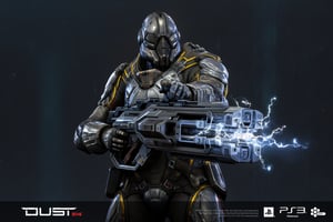  FuturisticWarrior style,,This image portrays amarr haevy, heavily armored in a high-tech, metallic exosuit. The armor is more bulky and robust, with intricate layers of plating in a silver and gray color scheme, accented by glowing yellow lines that give the suit a powerful, advanced look. The soldier's helmet is large and features a visor, adding to their intimidating presence. They are wielding an oversized, forge gun, with visible energy crackling near its muzzle, indicating it may be some kind of advanced energy. The overall scene is dark and gritty, with the background mostly obscured, adding a mysterious atmosphere. The amarr haevy's stance is firm, with both hands gripping the weapon as if preparing for combat. The "DUST 514" and PlayStation 3 logos at the bottom suggest this is part of a promotional image for the game.