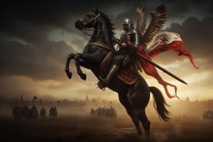 wingedhussarflux style,,The image portrays a powerful and dramatic scene of a Polish Winged Hussar mounted on a rearing black horse. The Winged Hussar, a legendary elite cavalryman, is depicted in full armor, with an intricate helmet that conceals most of his face, adding a sense of mystery and strength. He is adorned with the characteristic wings attached to his back, made of large, curved feathers that extend majestically upward, glinting in the soft, fading sunlight. His armor is finely detailed with a metallic sheen, while a long, flowing red-and-white banner, emblazoned with a cross, drapes across his horse’s body.  The black horse is captured in a dynamic pose, rising on its hind legs with a sense of raw power and energy. The muscular definition of the horse, enhanced by the hyper-realistic lighting, adds to the sense of motion. The animal’s armor and reins are richly decorated with gold accents, complementing the regal bearing of both the horse and rider.  In the background, a dark, ominous sky contrasts with the golden sunset, casting long shadows over the battlefield below. The overall atmosphere is tense and dramatic, capturing the grandeur and might of the Winged Hussar as he prepares for battle, embodying honor, courage, and strength.