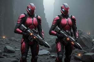 FuturisticWarrior style,, The image shows two futuristic aderian assaults standing side by side, facing each other. They are both wearing red armor with intricate patterns and designs. The aderian assault armor appears to be made of metal and has a shiny, metallic finish. The aderian assaults are standing in a rocky area with large rocks and debris scattered around them. The sky is overcast and the overall mood of the image is dark and ominous. The aderian assault on the left is facing away from the camera, while the aderian assault in the middle is facing towards the right. Both aderian assaults have a serious expression on their faces.